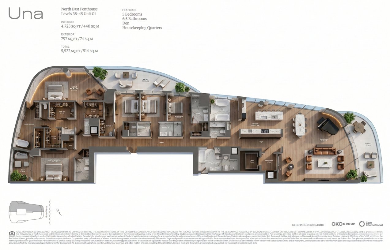 PH3801 North East Penthouse floor plan — 5 bedrooms, 6.5 baths, 4,735 SF interior