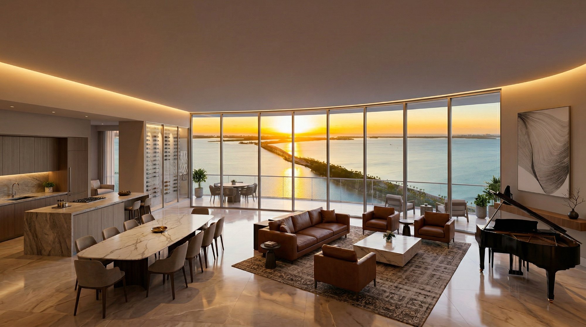 PH3801 great room with floor-to-ceiling bay views and marble flooring