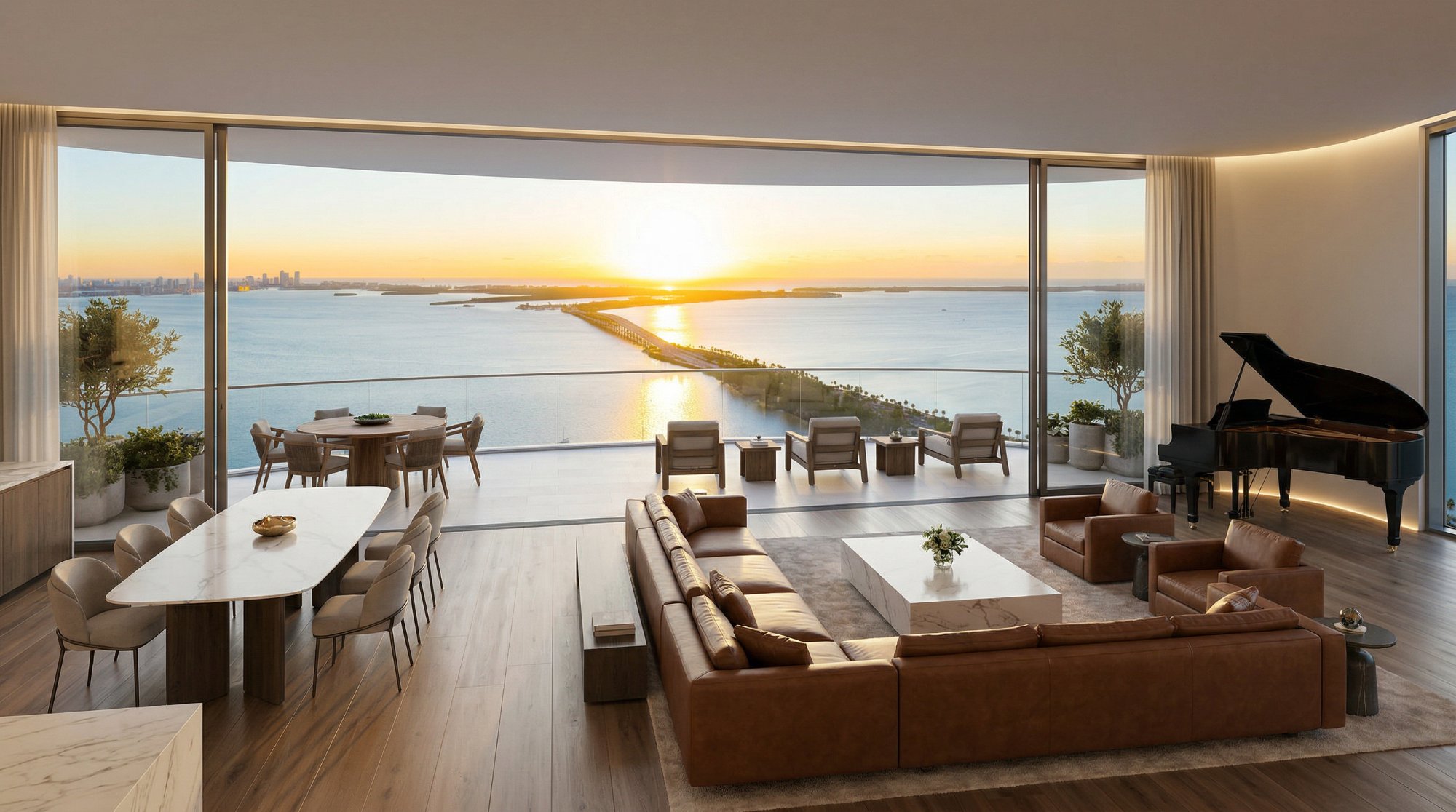 PH3801 living and dining area with open terrace and sunset views