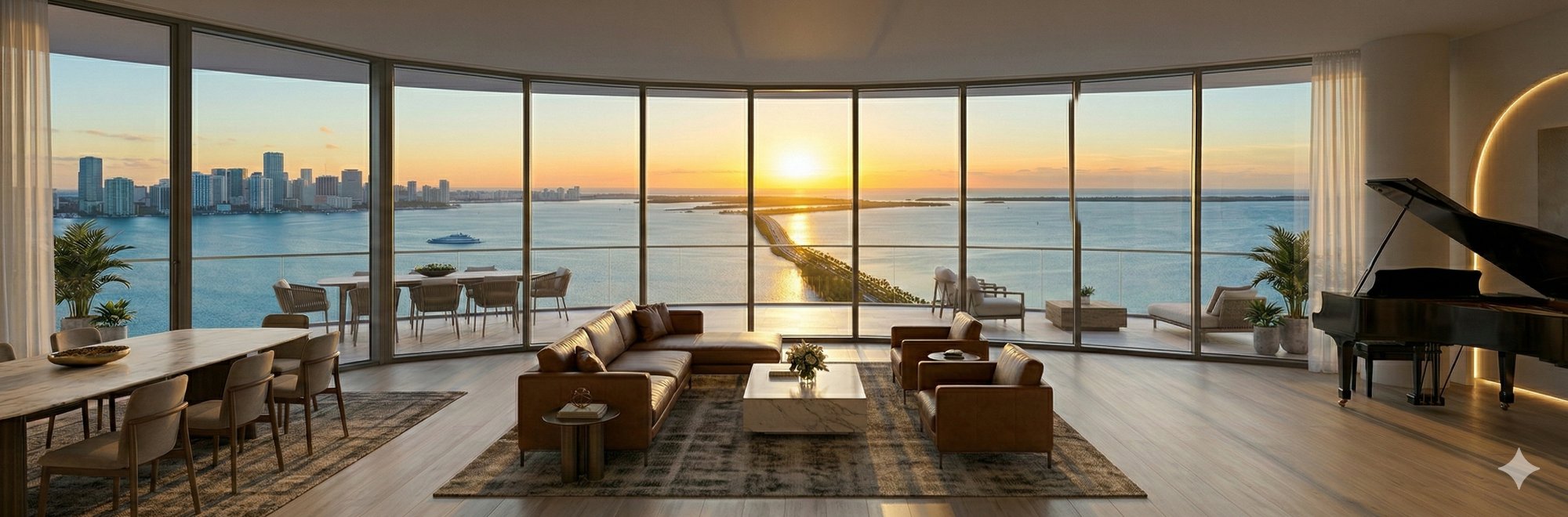 PH3801 panoramic living space with piano and Key Biscayne views