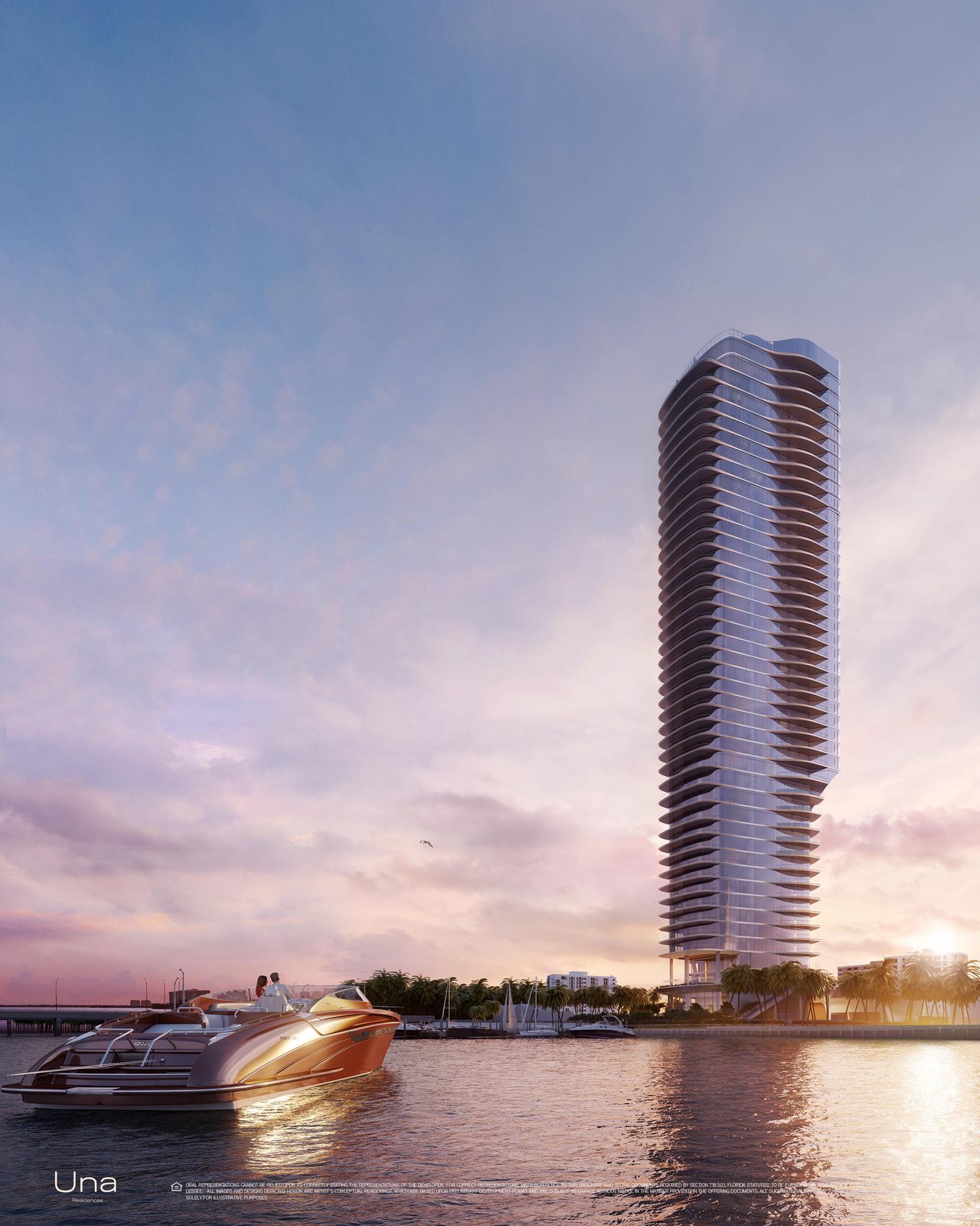 Una Residences, Tower viewed from the water at dusk, developer rendering