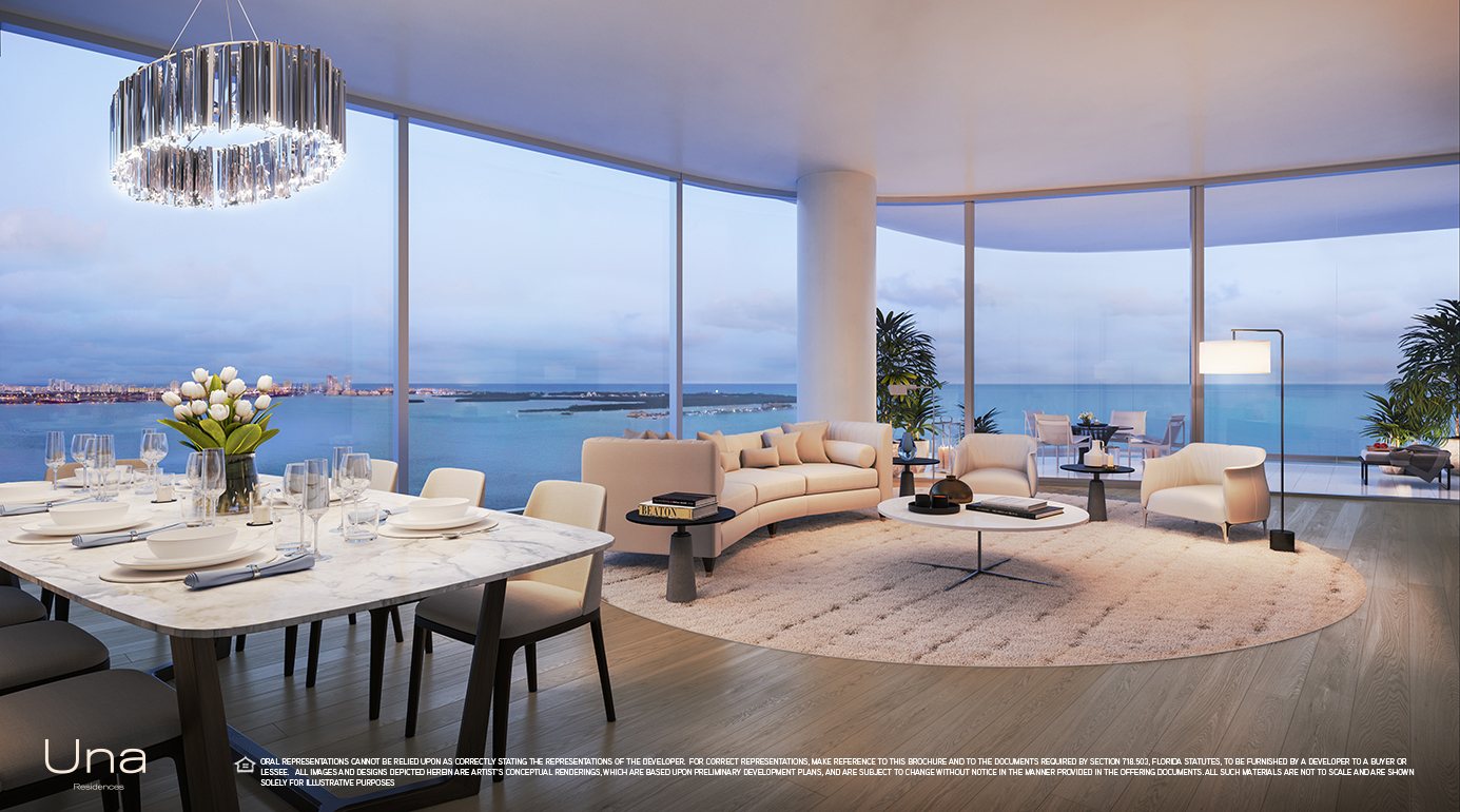Una Residences, Living and dining room with bay views, developer rendering