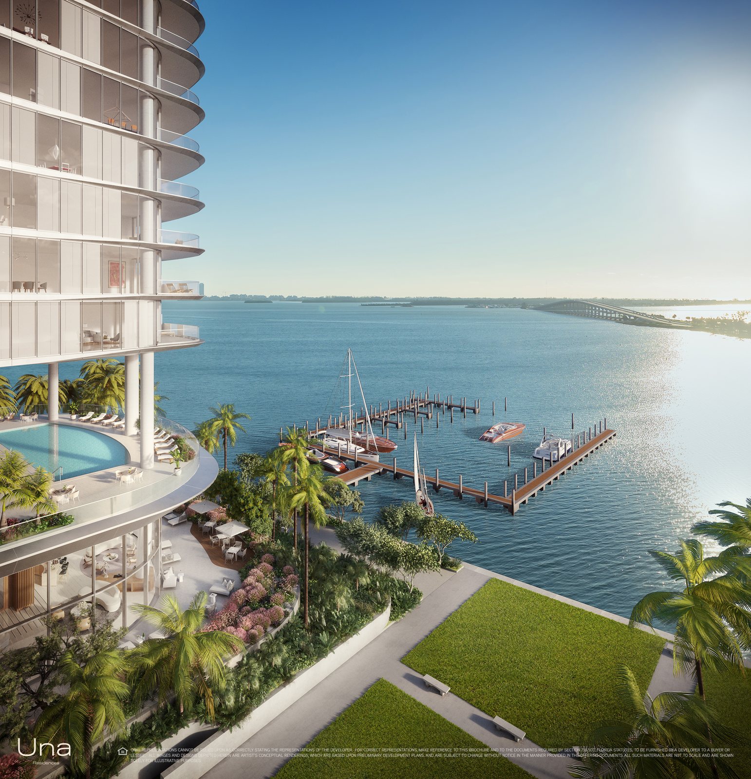 Una Residences, Bayfront setting and private boat slips, developer rendering